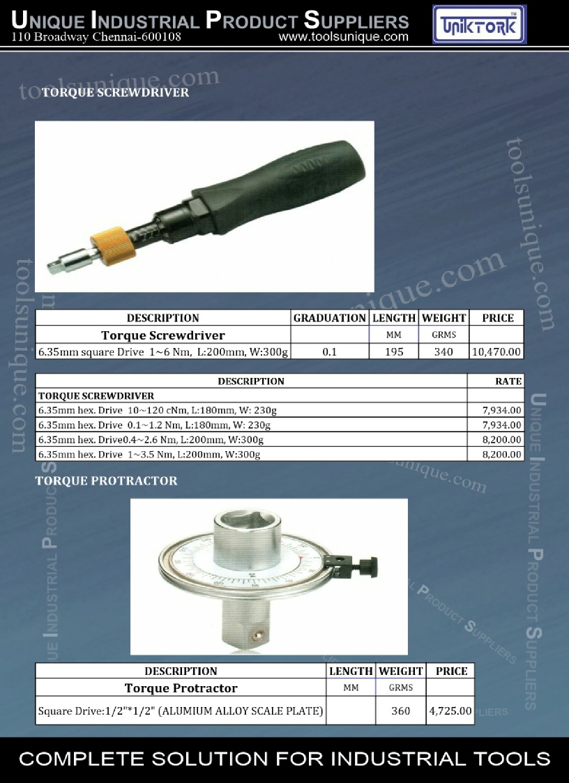 UNIKTORK TORQUE SCREW DRIVER & TORQUE PROTRACTOR CHENNAI